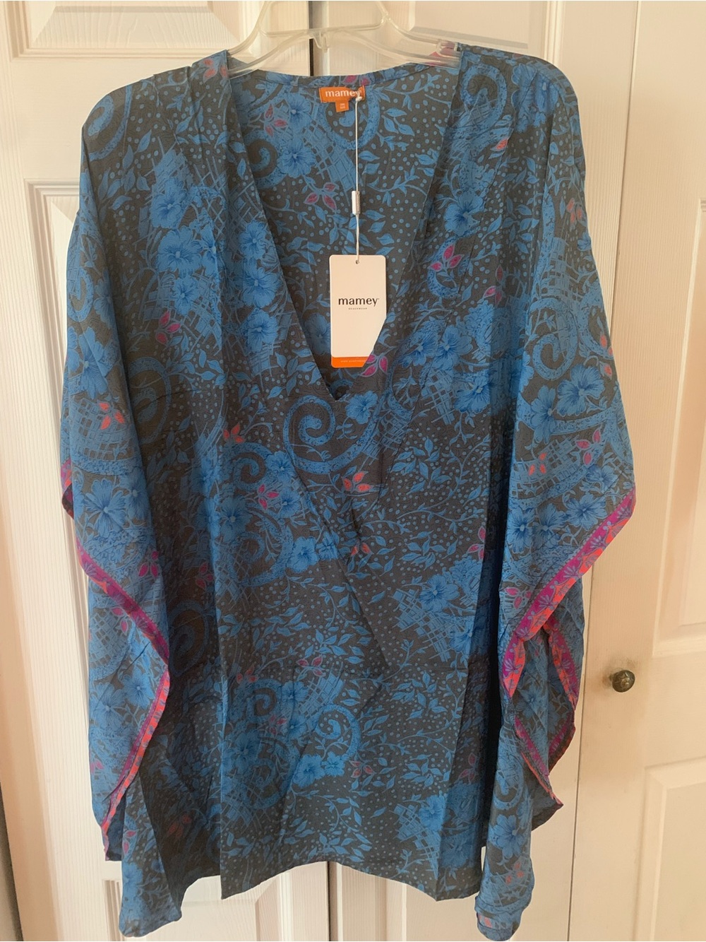 Mamey Blue Floral V-Neck Swim Coverup with Pink Trim